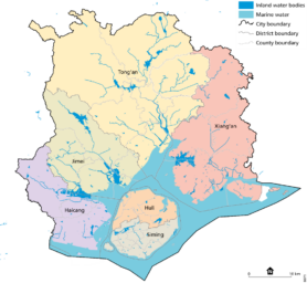 The map of Xiamen with territorial borders and inland water bodies (from the author)